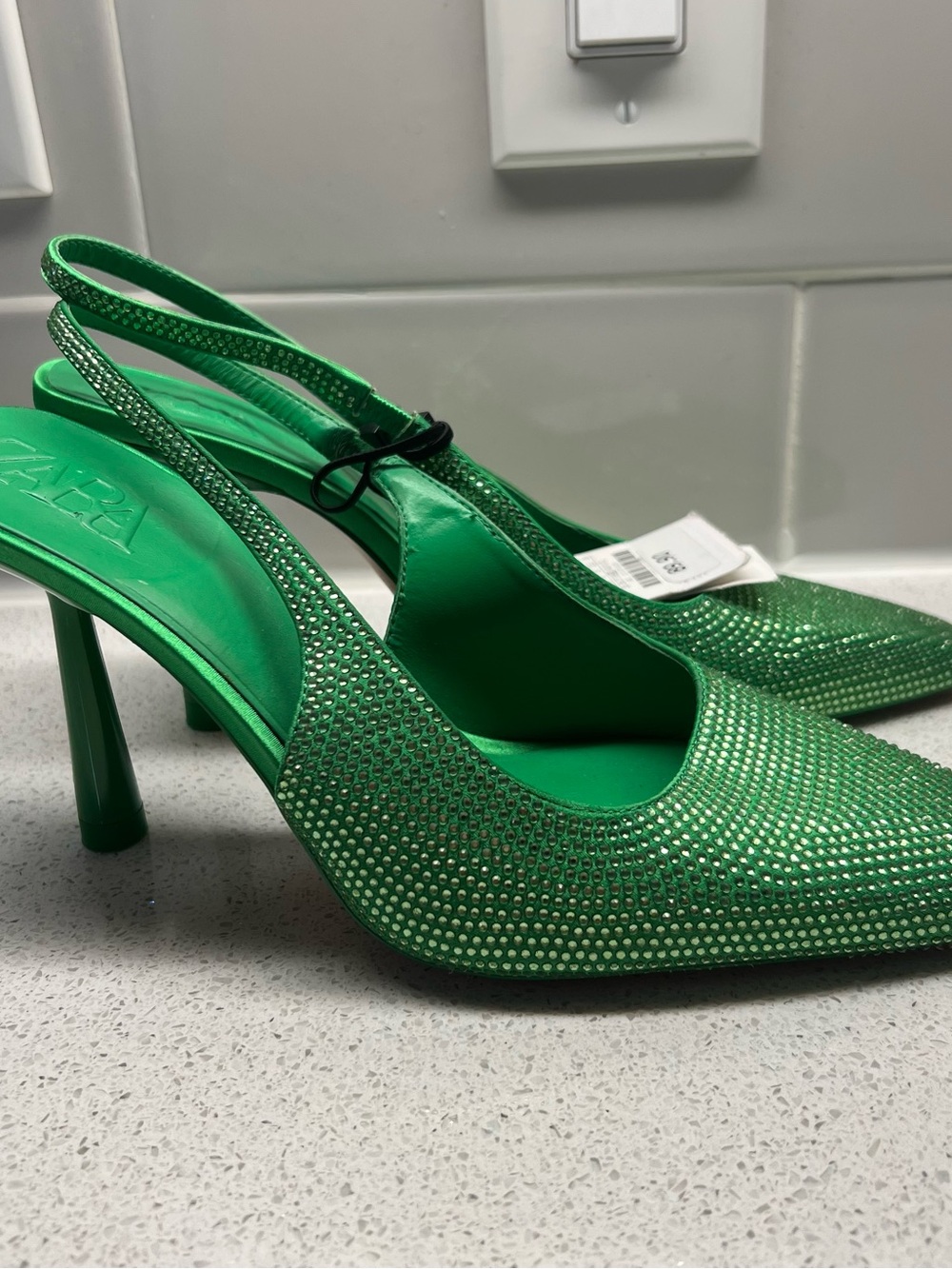 Zara Green Crystal-Embellished Pointed Slingback Heels